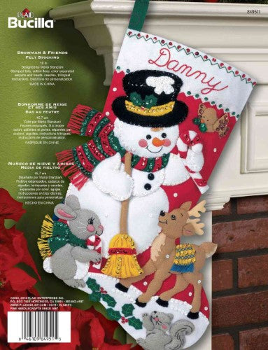 Bucilla 18" Snowman & Friends Stocking Kit features cheerful snowman with animals, perfect for festive holiday crafting.