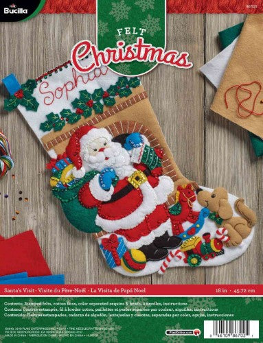 Bucilla 18" applique stocking kit featuring Santa from the fireplace, perfect for festive DIY holiday decor and personalized gifts.