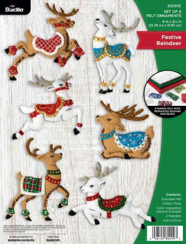 Colorful felt ornament kit featuring 6 charming reindeer for hand-stitching, perfect for holiday tree decor.