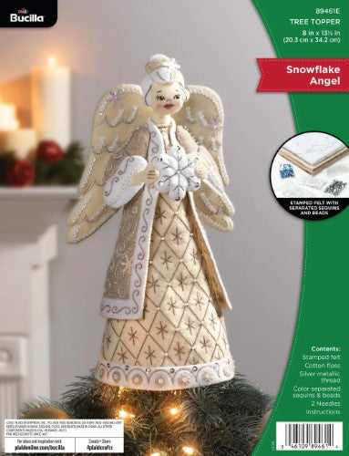 Bucilla Tree Topper Kit featuring a snowflake angel adorned with beads, perfect for elegant holiday decor.