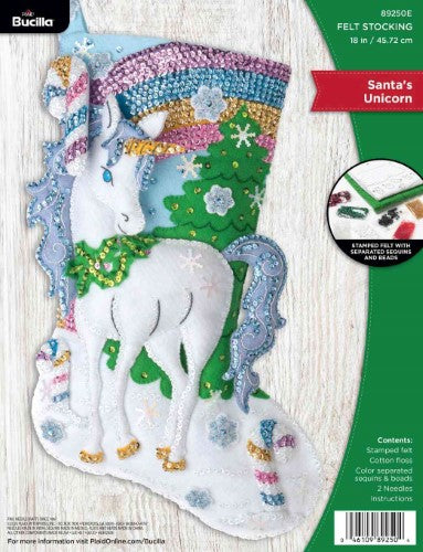 Bucilla 18" felt stocking kit featuring Santa and a unicorn in a winter wonderland, complete with all crafting materials and instructions.