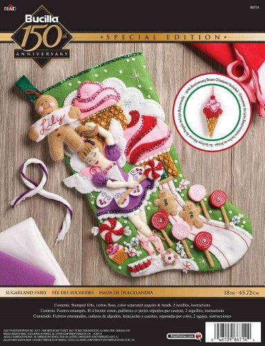 Bucilla 18" Christmas stocking kit featuring a charming fairy surrounded by candy, perfect for festive holiday decoration.