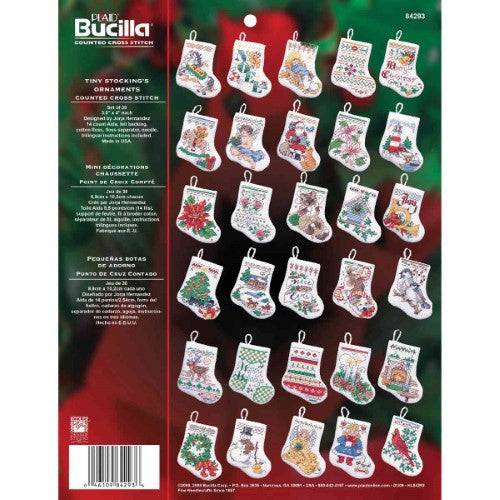 Bucilla Tiny Stockings kit featuring 30 cross-stitch ornament patterns for festive holiday decor and family crafting.