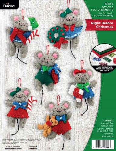 Bucilla Night Before Christmas Ornament Kit featuring six tiny mice dressed in festive attire for holiday decorating.