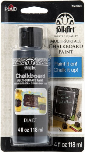 A 4oz bottle of black Folk Art Chalkboard paint, perfect for creating chalkboard surfaces on various materials.