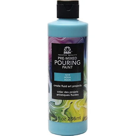 FolkArt Pre-mixed Acrylic Pouring Paint in Aqua, 8oz, ideal for fluid art with a smooth, non-toxic formula for vibrant marbled effects.