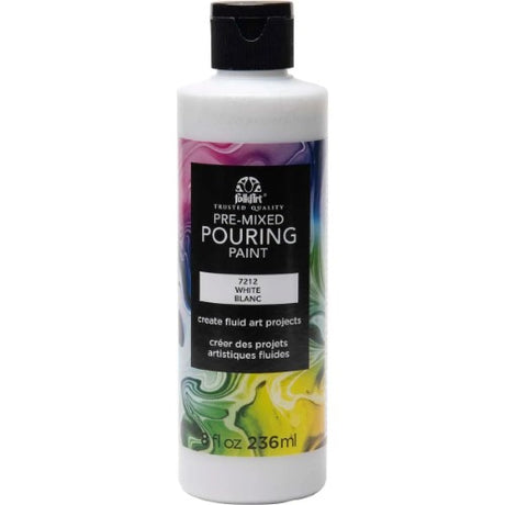 FolkArt Pouring Paint 8oz in White, a pre-mixed acrylic for vibrant marbling, safe for all ages, perfect for artistic projects.