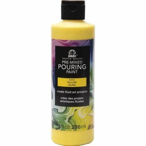 Bright yellow Folk Art Pouring Paint, 8oz, perfect for marbled effects in acrylic pouring projects, non-toxic and ready to use.