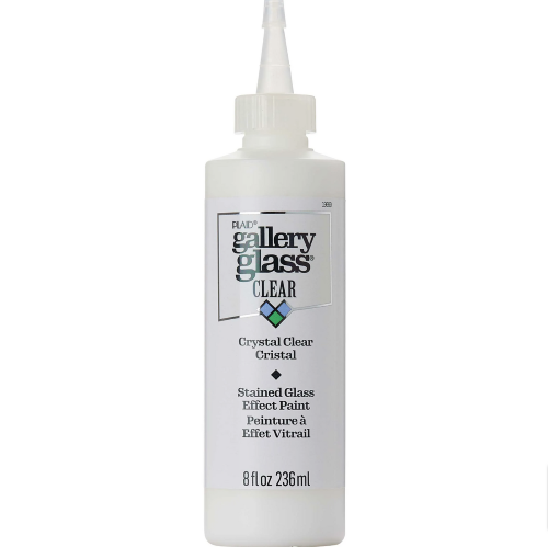 Clear stained glass paint for DIY projects, achieving a frosted finish on various glass surfaces with easy application and cleanup.