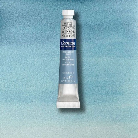 Winsor & Newton Cotman 8ml Iridescent Blue watercolour paint, featuring vibrant color, shimmer, and excellent lightfastness.