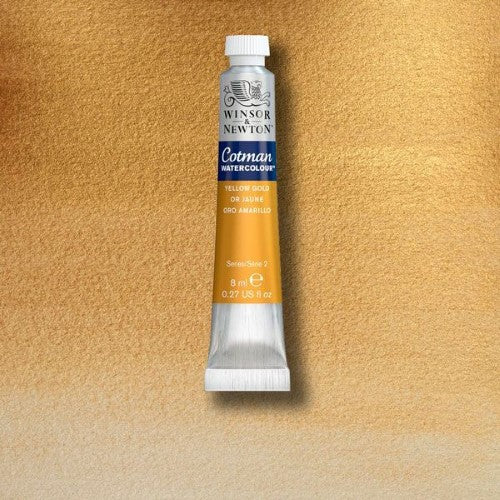 Winsor & Newton 8ml Yellow Gold watercolor tube, featuring fine art pigments for vibrant, transparent, and lightfast washes.