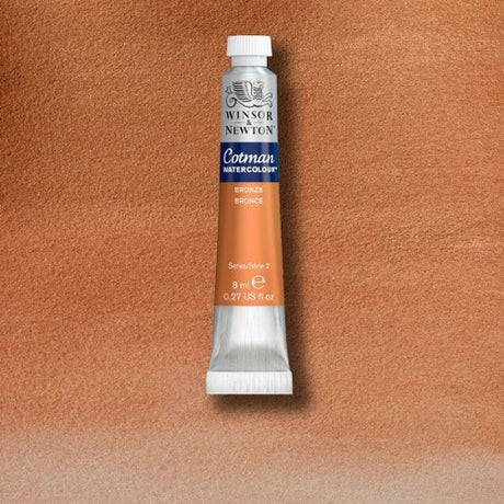 8ml tube of Winsor & Newton Cotman Watercolour in Bronze, showcasing vibrant color and excellent transparency for artists.