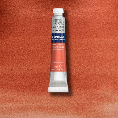 Winsor & Newton Cotman Watercolour 8ml in Red Copper, featuring vibrant tinting strength and excellent lightfastness for stunning art.