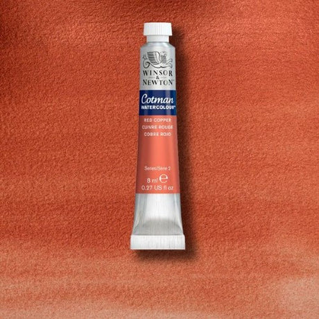 Winsor & Newton Cotman Watercolour 8ml in Red Copper, featuring vibrant tinting strength and excellent lightfastness for stunning art.