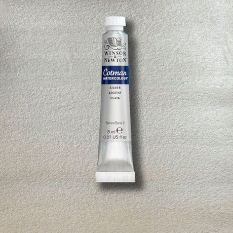 Winsor & Newton Cotman 8ml Silver watercolor paint tube, ideal for vibrant art with excellent lightfastness and transparency.