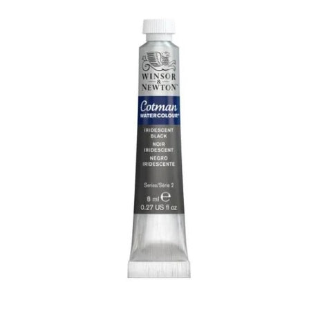 Winsor & Newton Cotman 8ml Iridescent Black watercolour, featuring vibrant hues, shimmer, and excellent lightfastness for art projects.