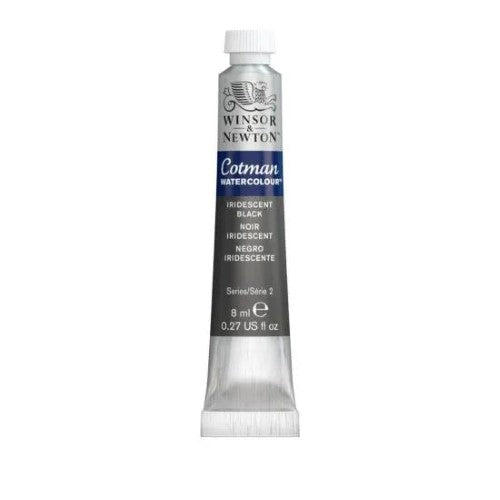 Winsor & Newton Cotman 8ml Iridescent Black watercolour, featuring vibrant hues, shimmer, and excellent lightfastness for art projects.