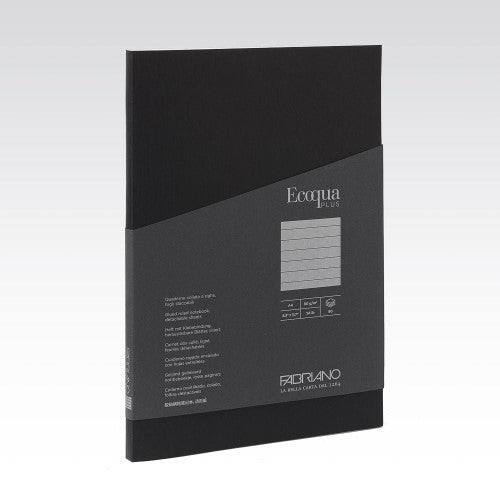 Fabriano Ecoqua Plus A4 lined notebook with 90gsm Bioprima paper, durable cover, and detachable glued sheets for everyday use.