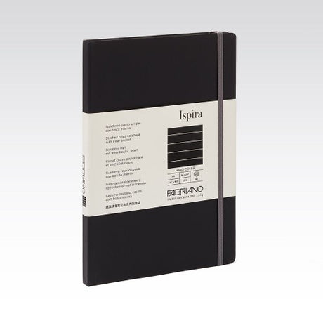 Fabriano Ispira A5 hard cover notebook with 85gsm lined paper, elastic closure, bookmark, and splash-resistant cover.