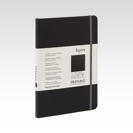 Fabriano Ispira A5 soft cover notebook with 85gsm dotted paper, rubberized cover, elastic closure, and 96 eco-friendly pages.