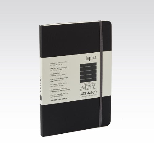 Fabriano Ispira A5 soft cover notebook with 85gsm lined paper, textile bookmark, and durable, splash-resistant design.