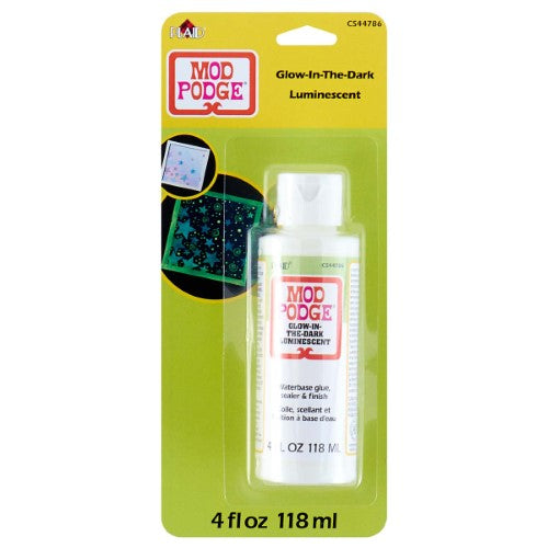 Mod Podge Glow In The Dark 4oz bottle, ideal for crafts that glow in the dark after charging with light. Perfect for kids' projects.