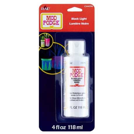 Mod Podge Black Light 4oz bottle, featuring clear adhesive that glows blue under black light for creative crafting projects.