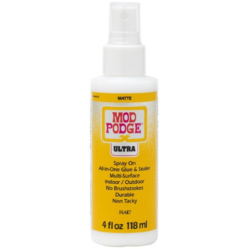 Mod Podge Ultra Matte 4oz bottle, ideal all-in-one glue and sealer for crafting with a clear, matte finish and self-leveling properties.