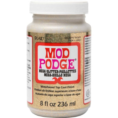 Bottle of Mod Podge Mega Glitter Gold 8oz, a versatile glue and sealant that adds a sparkling golden finish to crafts.