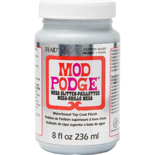 Mod Podge Mega Glitter Silver 8oz bottle showcasing shimmering, quick-drying decoupage glue for creative projects.