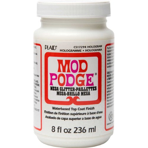 Mod Podge Mega Glitter Hologram 8oz bottle, ideal for adding a sparkling, clear finish to various crafting projects.