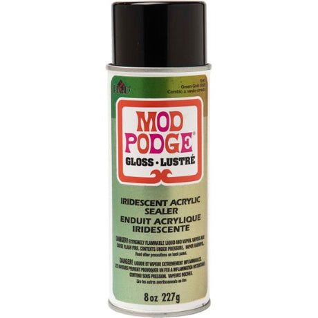 Iridescent green/gold acrylic sealer spray in 8oz, ideal for adding shimmering protection to craft projects.