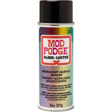 Iridescent spray sealer in an 8oz bottle for durable, glossy finish on crafts with vibrant color reflectivity.