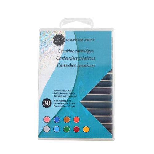 Assorted pack of 30 vibrant ink cartridges for Manuscript pens, ideal for calligraphy, doodling, and artistic projects.