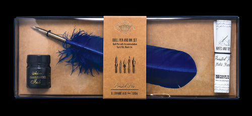 Elegant blue quill pen and ink set for calligraphy, includes 25ml black ink and tips for mastering traditional writing.