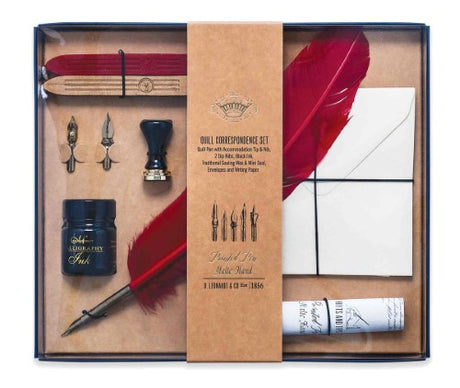 Elegant Manuscript Heritage Quill Correspondence Set featuring a red quill, nibs, black ink, sealing wax, and writing paper.