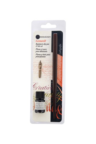 Premium wooden nib holder and black ink set for calligraphy, featuring durable round hand nib and 7ml ink bottle.