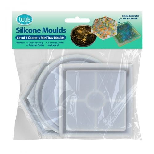 Set of 3 versatile silicone moulds for crafting coasters and trinket trays in round, square, and hexagon shapes.