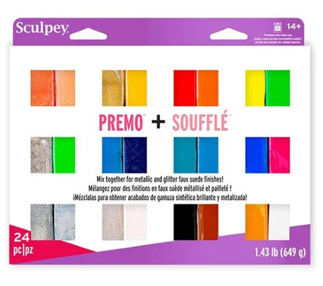 Vibrant Sculpey Premo + Souffle Polymer Clay multipack with 24 colors for creative projects, jewelry, and decor.