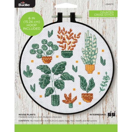 Bucilla Counted X-stitch kit featuring houseplants with Aida cloth, hoop, needle, and embroidery floss for creative stitching.