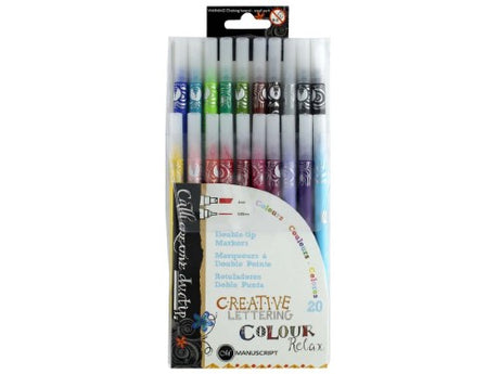 Vibrant 20-pack dual-tip markers with 3mm chisel and 0.83mm fine nibs for calligraphy and detailed art projects.