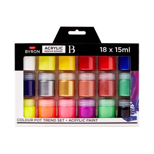 Jasart Byron Acrylic Paint Set of 18 vibrant 15ml pots, perfect for artists, featuring airtight containers for freshness.