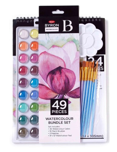 Jasart Byron Watercolour Pan Set with 36 vibrant pans, 10 brushes, palette, and pad for all art styles and techniques.