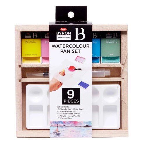 Jasart Byron Watercolour Pan Set of 9 in a wooden box with 5 metallic pans, 2 palettes, and a waterbrush pen for vibrant painting.