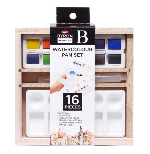 Jasart Byron Watercolour Pan Set with 12 vibrant pans, 2 palettes, and a waterbrush in a portable wooden box.