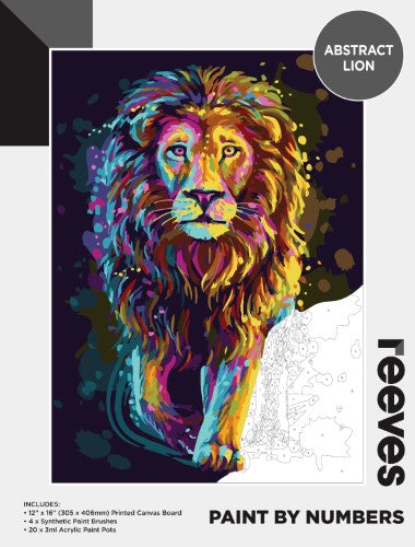 Reeves Paint By Numbers kit featuring a 12x16 inch abstract lion for beginners and artists to create vibrant art at home.