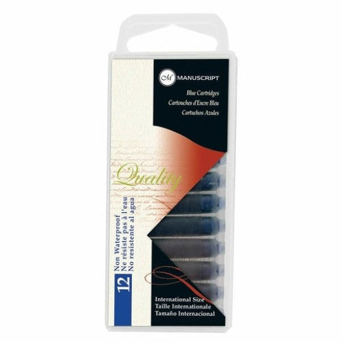 Pack of 12 Manuscript blue fountain pen ink cartridges, designed for smooth writing and vibrant sketches.