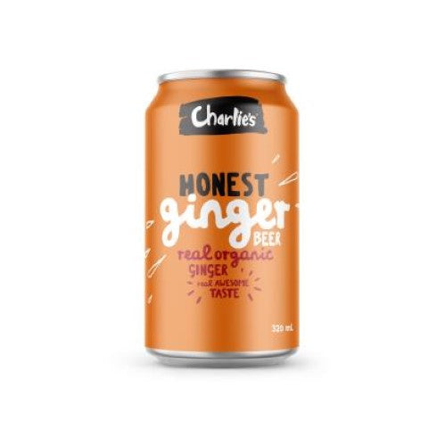 Ten cans of Drink Honest Fizz Ginger Beer from Charlies, packed with real ginger flavor and refreshing fizz.
