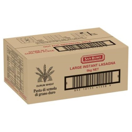 San Remo Instant Lasagne Sheets 5KG pack, no pre-cooking required for easy, delicious homemade lasagna.