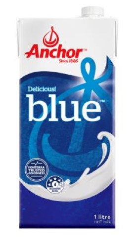 1L carton of Anchor Milk UHT Blue Top, creamy taste, sourced from New Zealand, perfect for beverages and cooking.
